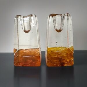 Glasslight Studio Chunky Recycled Art Glass Candlestick Holder Set Amber Orange